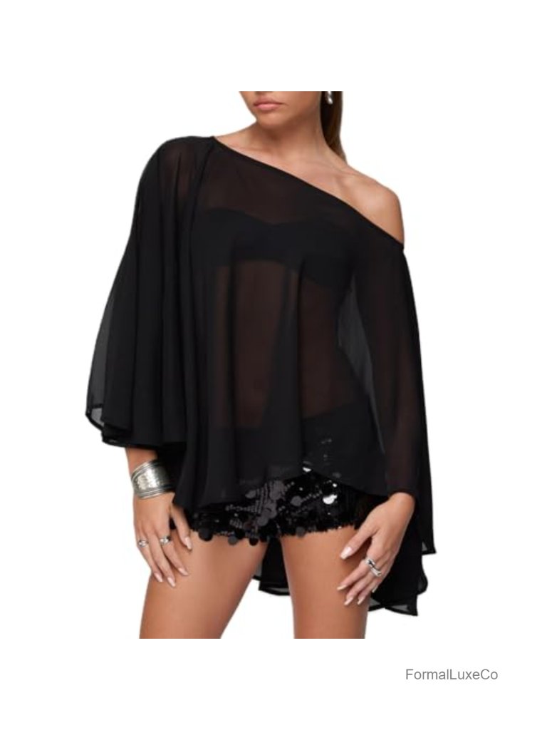 Sheer Mesh Poncho Top Y2k Off Shoulder Batwing Sleeve Cover Up Shrug